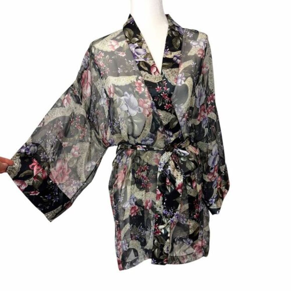 Victorias Secret Vintage Robe Black Rose Floral Sheer Belted Gold Label Lingerie